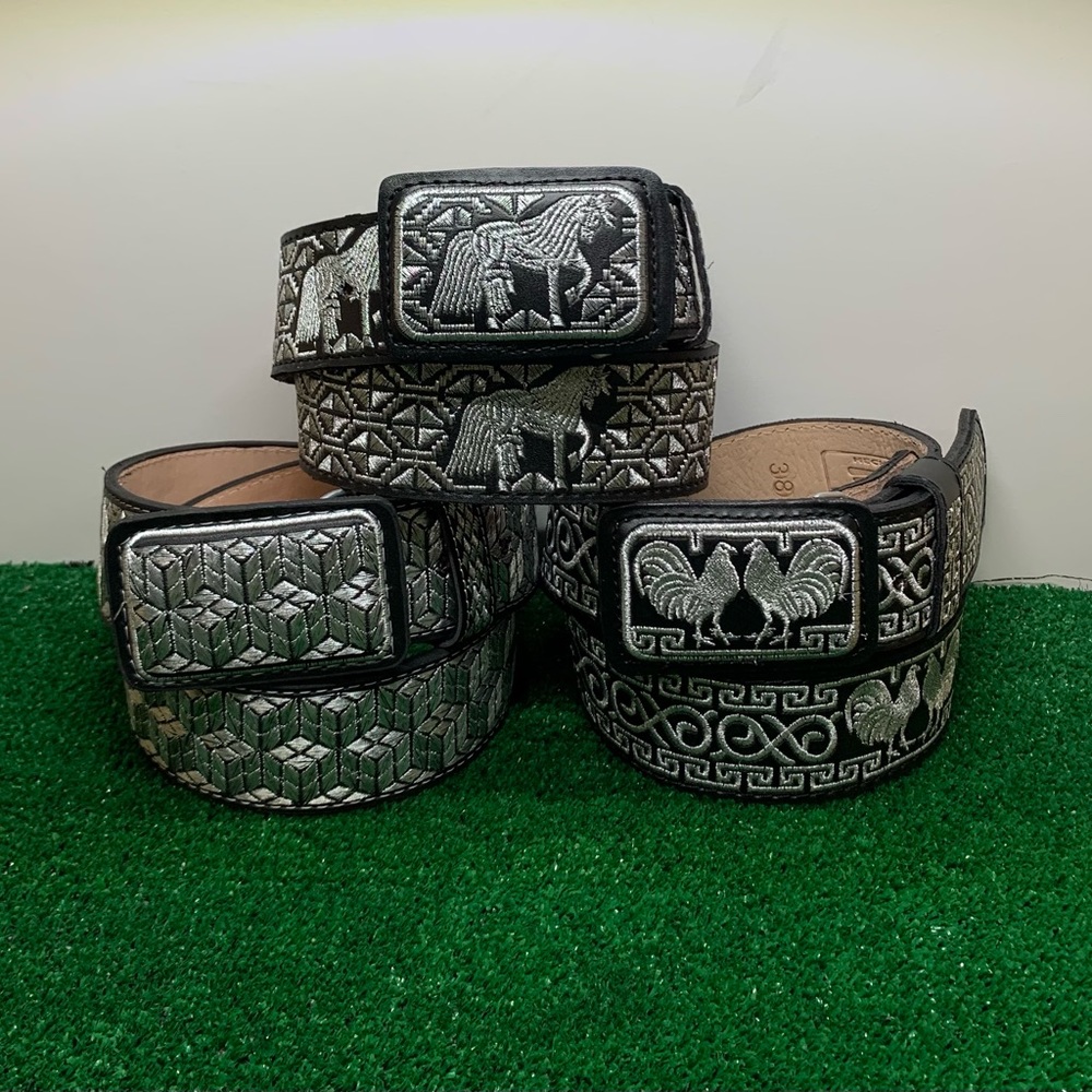 Unisex Embroidered Leather Western Cowboy belt Cinto charro plateado 🐔 🐴 🎲